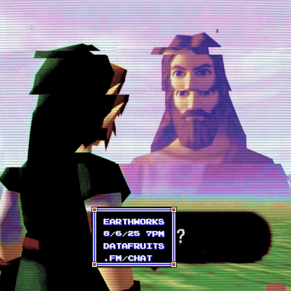 jesus talking to link in ocarina of time but it's glitched out a little. the speech bubble normally says "You smoke?" but the words "you smoke" have been replaced by a legend of zelda 2 styled text that says "EARTHWORKS 8/6/25 7PM DATAFRUITS .FM/CHAT" with the question mark still there