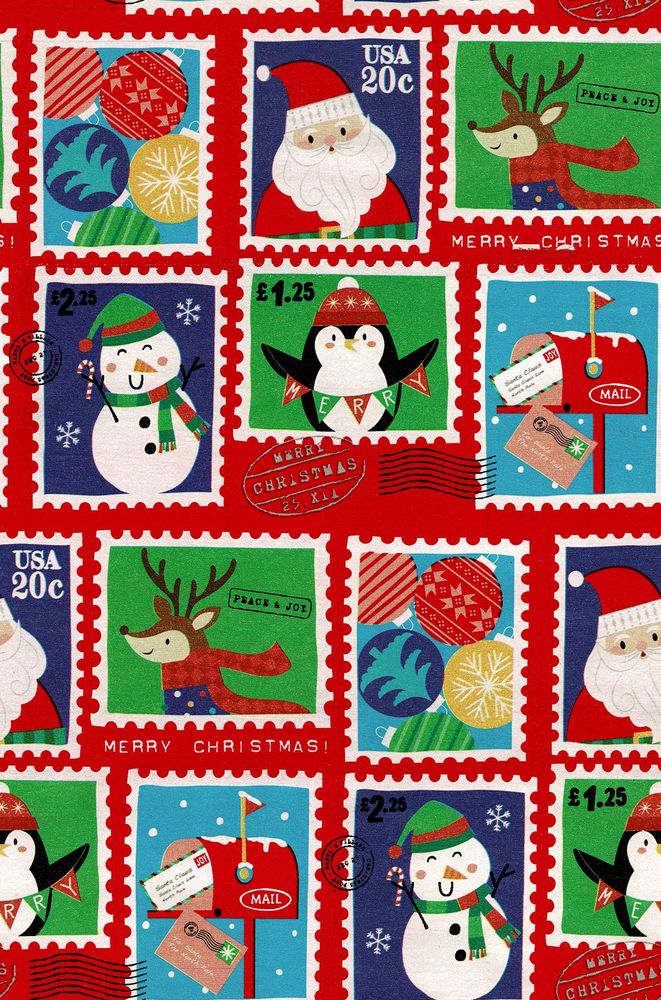 Postage stamps with snowmen, letters, reindeer and penquins.