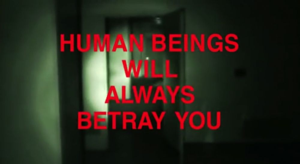 A screenshot from an Adam Curtis doccumentary, showing a liminal space corridor with a caption overlayed (Arial, #ff002a, block captials, centre aligned, tracking: 50) reading: "HUMAN BEINGS<br> WILL<br> ALWAYS<br> BETRAY YOU"