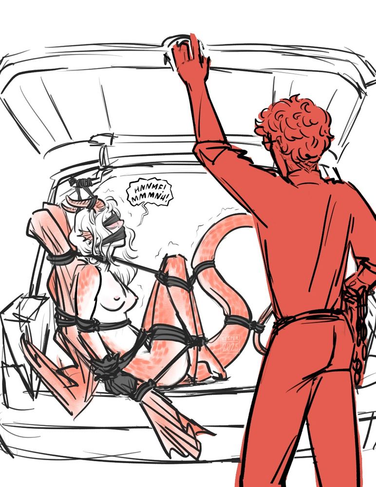 rough sketch of a slender woman who looks half human, half dragon. she's tied up, gagged, and blindfolded in the back of a nondescript car. a man with curly hair and glasses is seen from the back, reaching up for the door to shut it. he's holding chains in his right hand, and looking at her bared breasts and struggling form.
