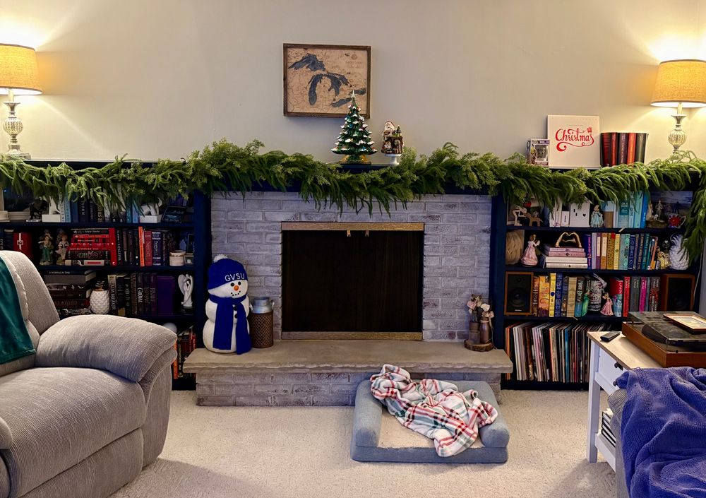A section of our living room. Spanning the length of a wall, bookshelves and a fireplace go halfway up. The bookshelves are cluttered with books, vinyl records, and tchotchkes. The top shelf has a Christmas garland and a few decorations. On the fireplace hearth is a snowman decoration and a centerpiece from our wedding. A reclining chair, a dog bed, and an end table topped with a record player are in the foreground. 
