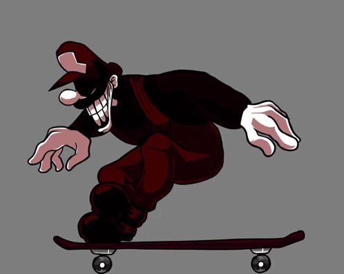 a cartoon of a man riding a skateboard with a skull on his shoe