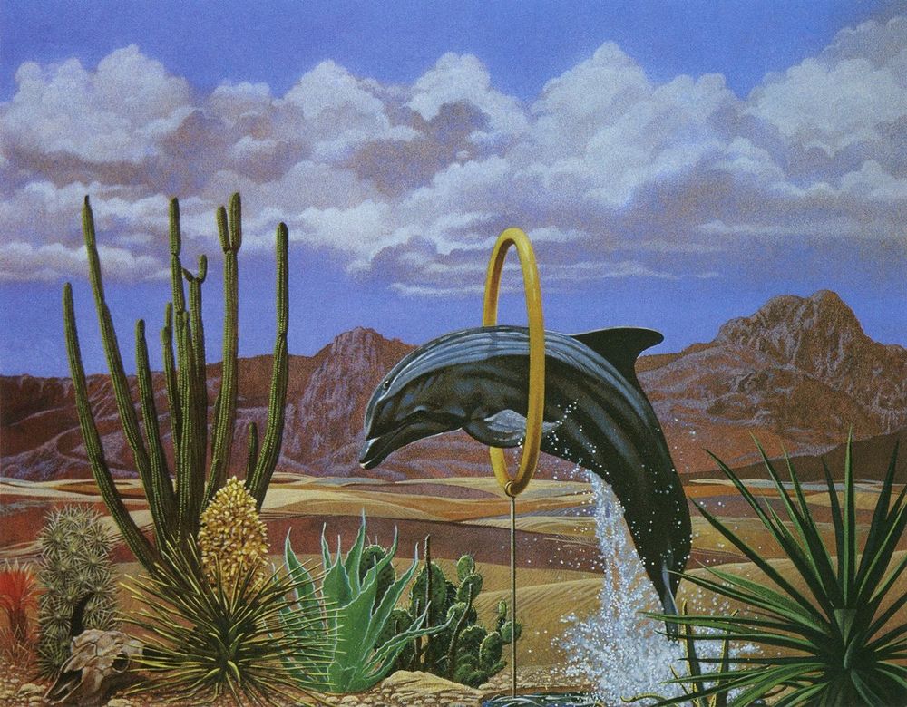 David M. Beck. A dolphin leaps through a golden hoop in the desert