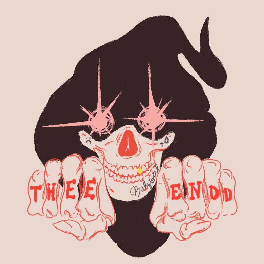 Art by Michaela Heidemann. A skull with face tattoos shows off knuckle tats that read “thee endd “