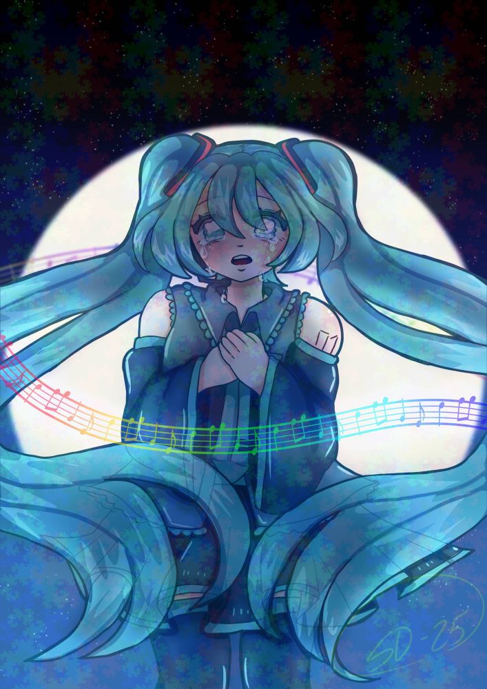 Surprised Hatsune Miku, whose tears are falling.
behind her is a huge full moon.