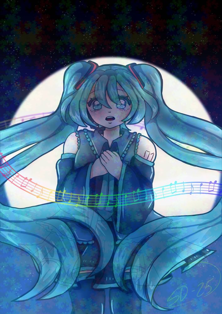 Surprised Hatsune Miku, and behind her is a huge full moon.