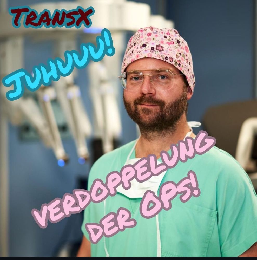 Der Chirurg Dr,Klumpen in Arbeitskleidung und -umfeld, darüber die Schriftzüge „TransX“, „Juhuu“, „Verdoppelung der OPs“