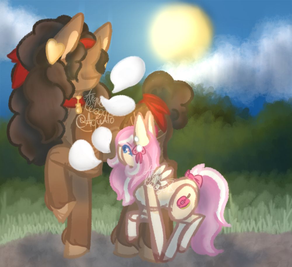 A pony and a filly chatting while out on a walk.
