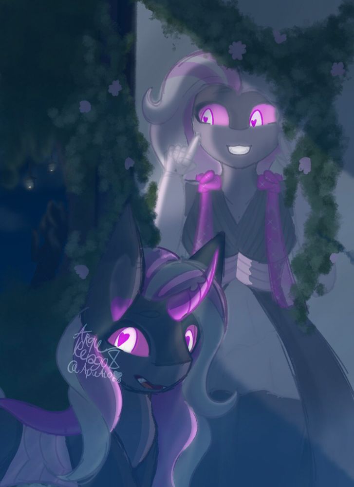 A changling Oc looking confused at the camera. Unable to see the person in the mirror.