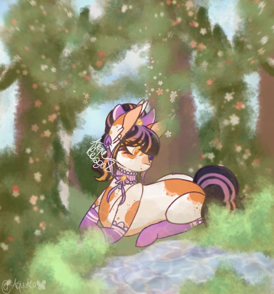 MLP Oc laying down In a garden. Staring at their reflection.