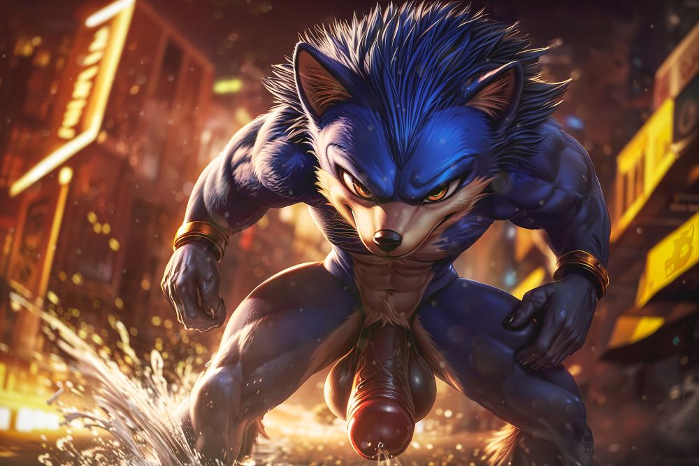 Sonic speeds through the rain-soaked city at lightning fast speeds, his rock hard cock bouncing with every step. The neon lights reflect off the wet pavement, creating a colorful, mesmerizing display. He smirks at the viewer, his eyes gleaming with mischief. His muscles ripple and flex, showing off his toned physique. The wind whips through his spiky blue hair, and his red sneakers leave a trail of smoke behind him. As he runs, he splashes through water puddles, leaving a trail of precum in his wake, marking his territory.