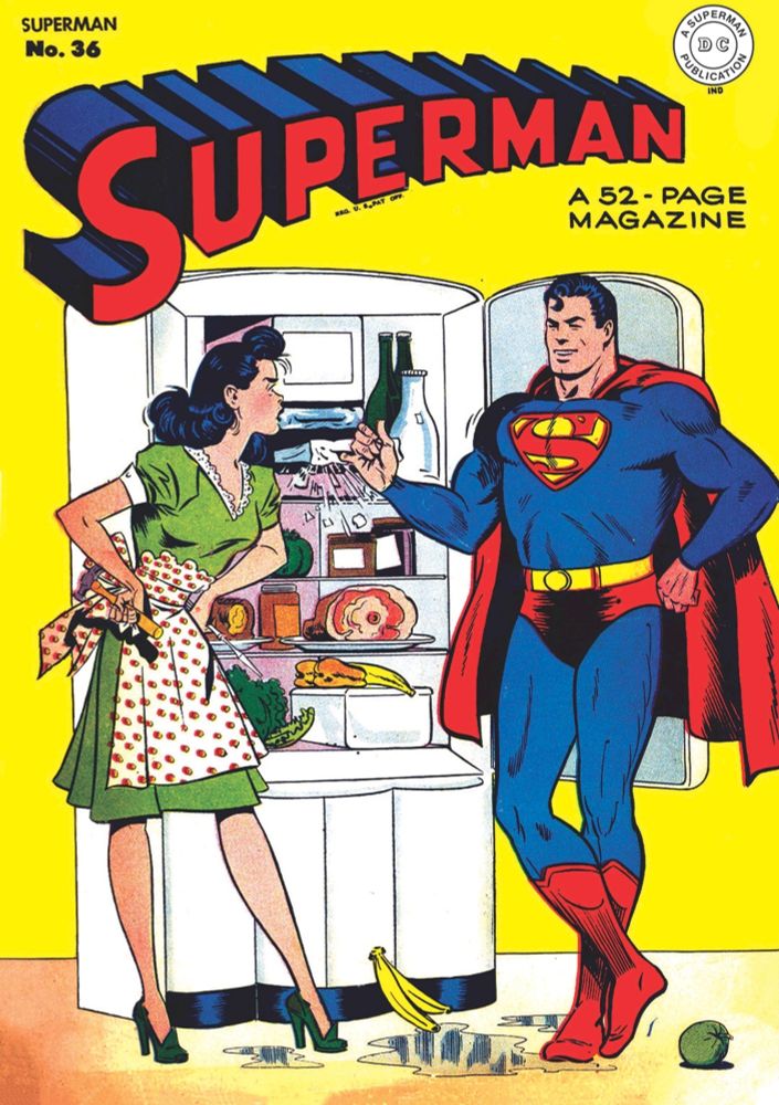 Superman being a douche to Lois in front of an open, messy refrigerator. I am not sure how, but he's being a douche.