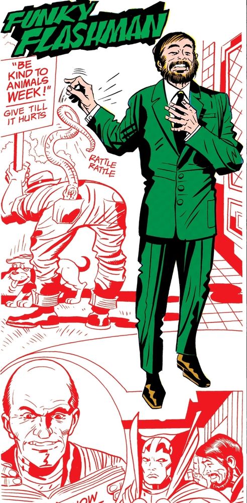 DC Who's Who page for Funky Flashman, a minor Jack Kirby character from his excellent Mister Miracle run. He may have been working out some issues.