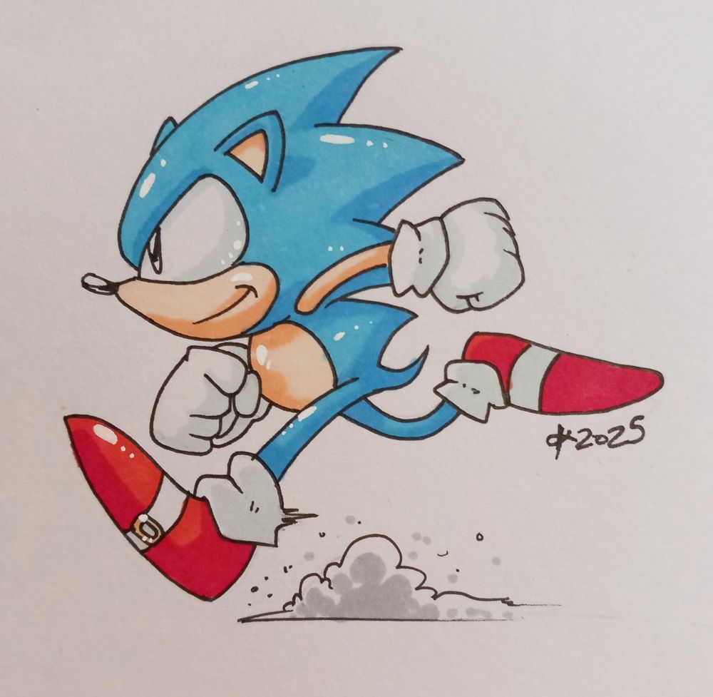 An illustration of Sonic the Hedgehog created with alcohol markers and ink. Sonic is in profile view, dashing off toward the left and leaving a little cloud of dust in his wake. He has a confident smirk on his face.

There is no background.