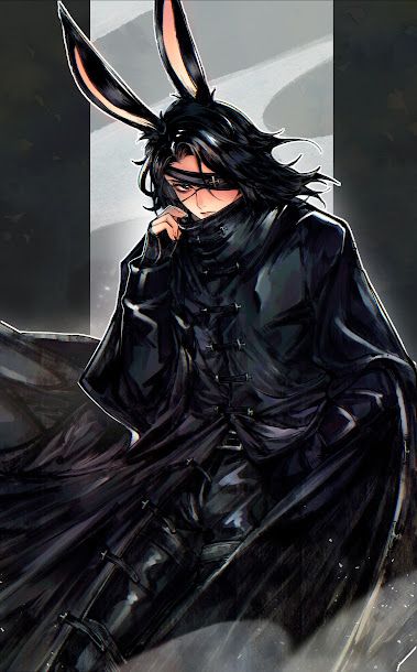 A Viera, Magnus, in a long, wind-swept, black cloak, with leather buckles. The high collar of the cloak extends past the neck, and is lightly pulled up towards their face.