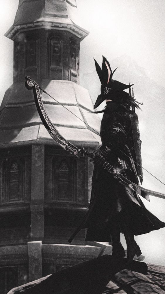 Track: Skrillex, Dylan Brady & Caroline Polachek - hit me where it hurts x

Standing atop a roof, a Viera wielding a longbow can be seen, with the end of their long, flowing black garb fluttering with the snowy wind. The figure is backlit against a harsh, winter sun — the overall photo is (mostly) black and white).