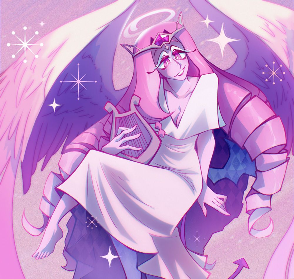 a digital drawing of Eternal Sugar Cookie from Cookierun Kingdom. She sits in the air wirh her harp in her hand