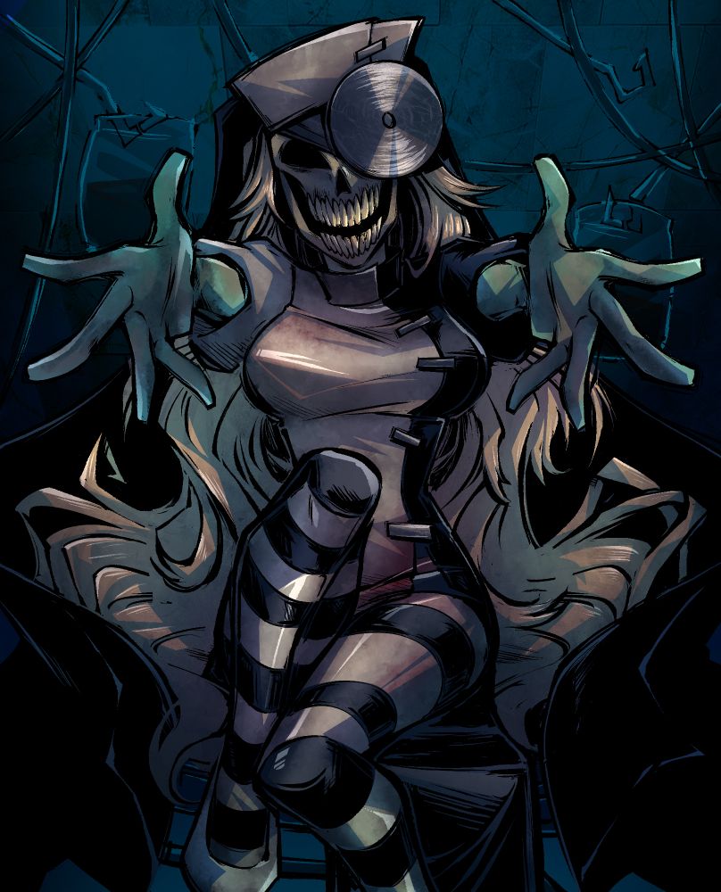 digital drawing of a creepy zombie lady sitting down reaching out to the viewer