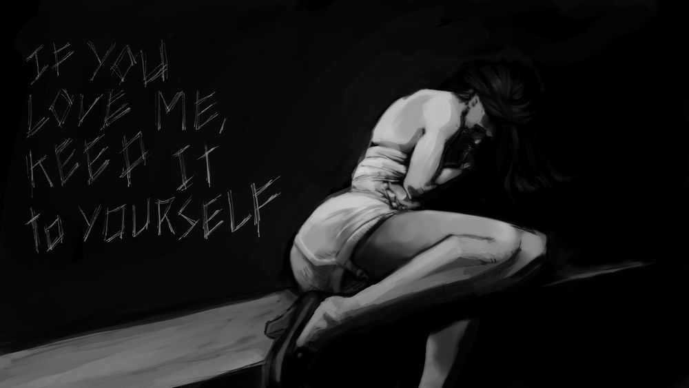 Fan art for Ethel Cain. It's a painting study from her music video for Vacillator. The painting is a monotone, crudely painted woman in heels and underwear curled into herself on a wooden plank. The tone is dark and ominous. The scratchy text on the side reads the lyrics "If you love me, keep it to yourself." It's a poor value study but it has a lot of raw emotion.