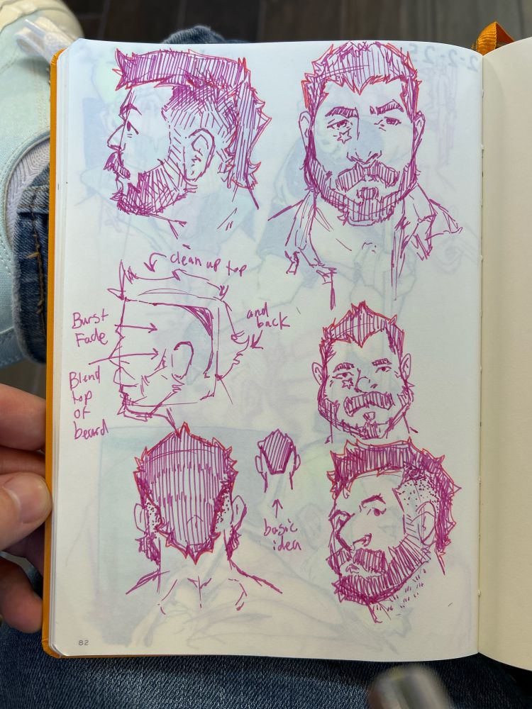 Self portraits in a pink pen, illustrating the exact type of haircut that I want mainly a modern mullet with a burst fade on the side