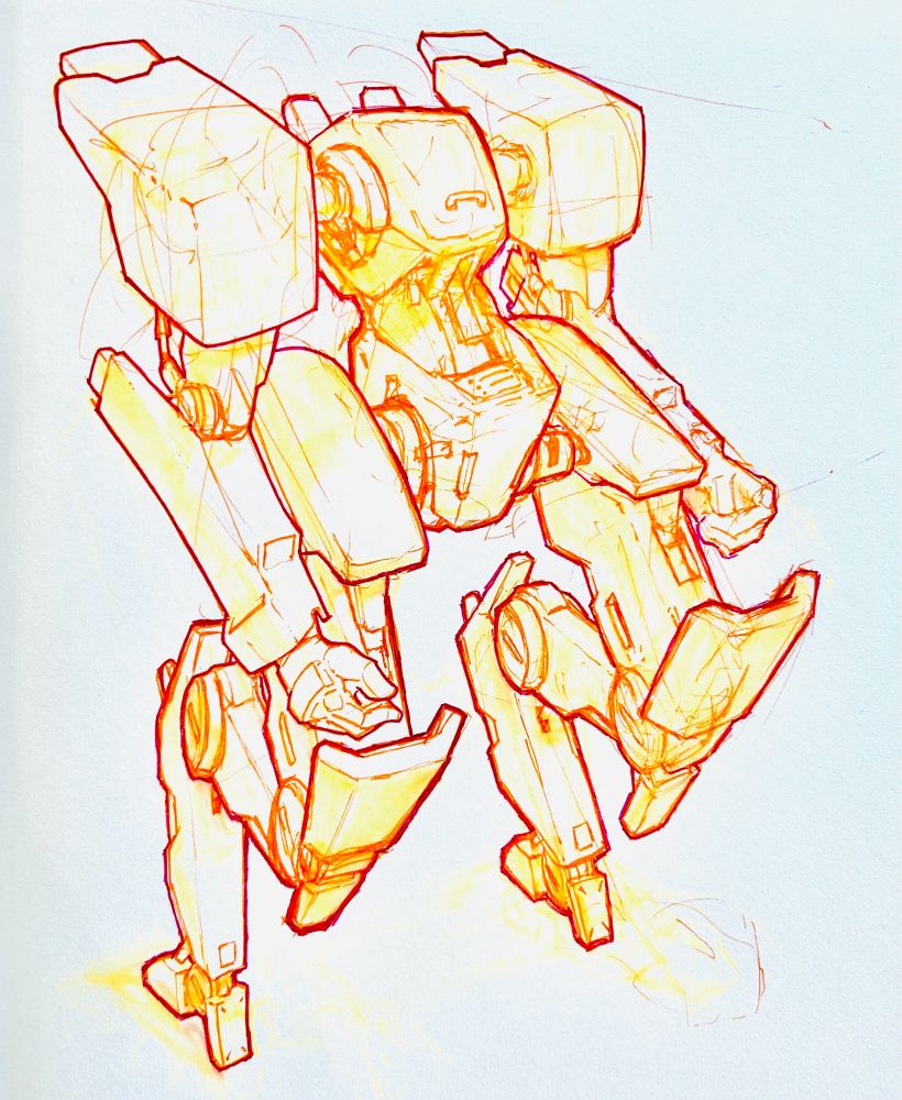 Orange and pink pen drawing of a mech