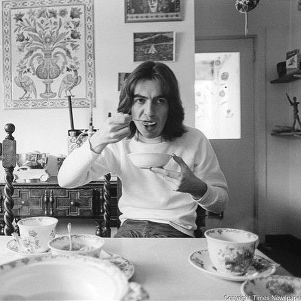 George Harrison photographed at his home in Esher, Surrey. Kinfauns, 6 April 1969. 
