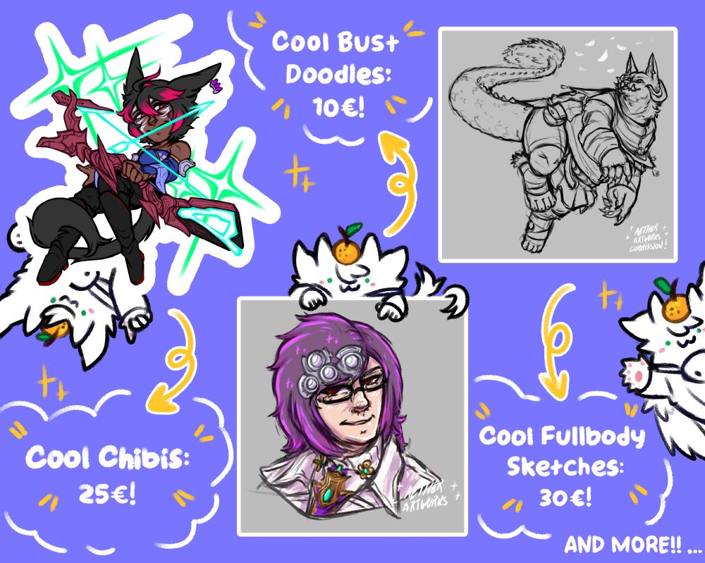 This commission chart have a example of a Chibi, bust doodle and full body sketch! There is more services in my vgen! Chibis: 35€, Bust Doodles: 10€ and Fullbody Sketches: 30€
