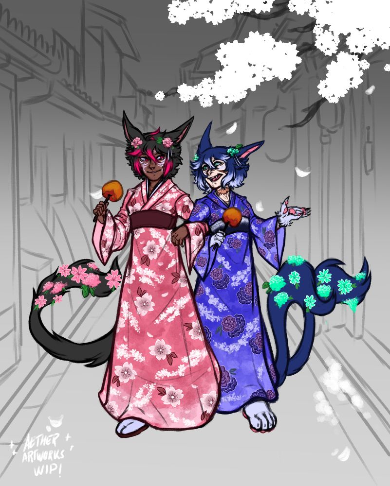 Progress of the wip illustration of the Sheether (Shee x Aether) in Kyoto! (Based on the trip to Japan!) They are FFXIV WOL OCs. Shee belongs to my girlfriend SheeKN! 