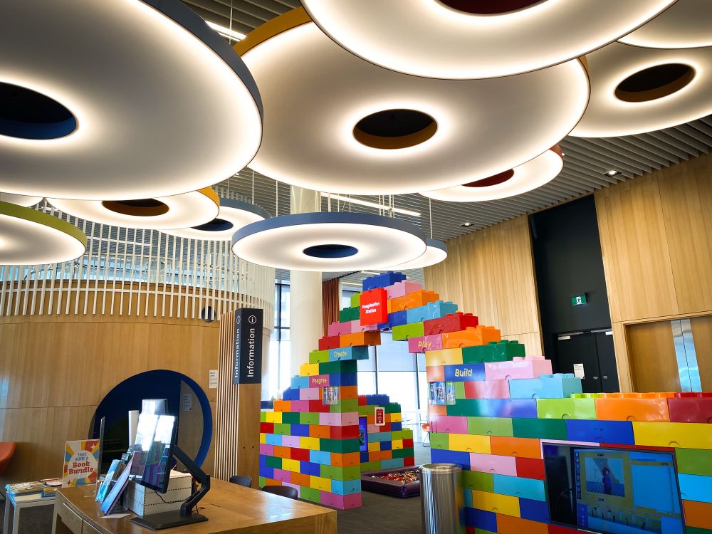 The lego arch and huge UFO-like lights above 