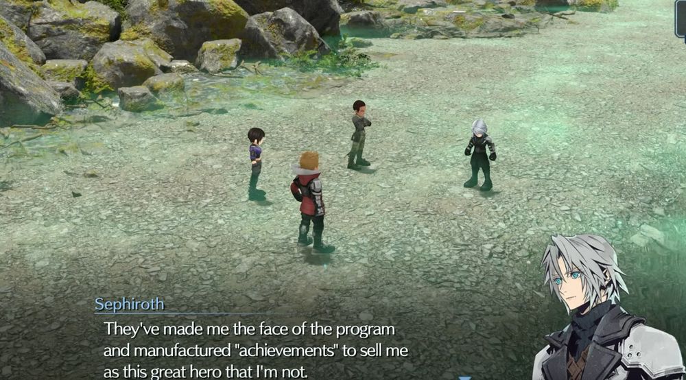 Sephiroth talking about how his earliest achievements are all manufactured to make people want to apply to SOLDIER. 