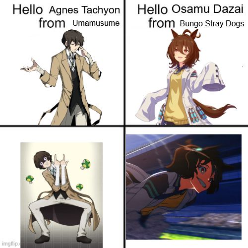 The Hello Person From Media meme with Osamu Danzai and Agnes Tachyon.