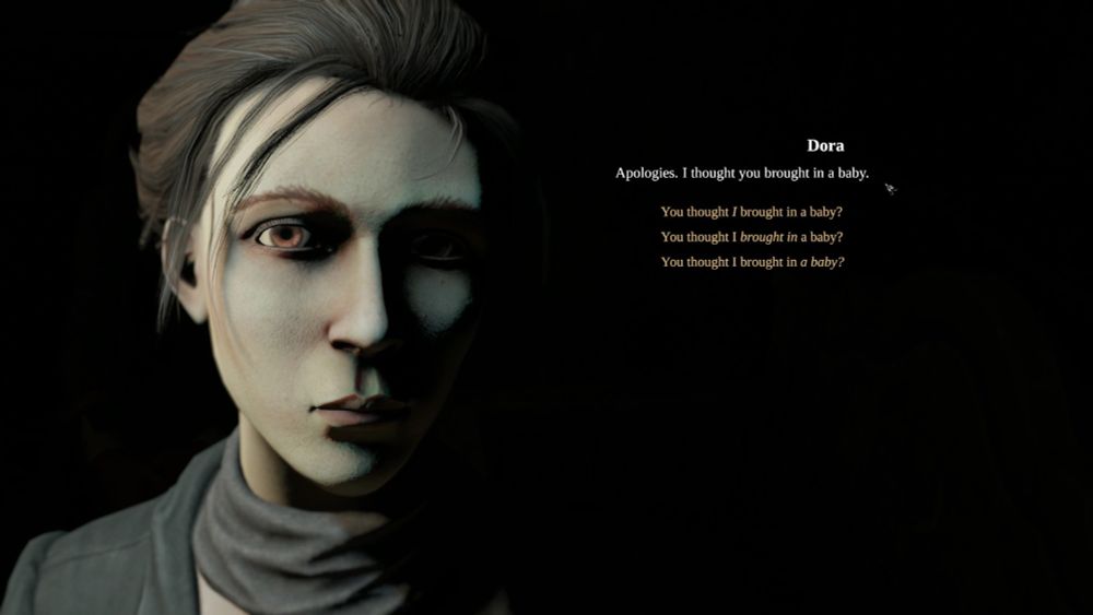 Screenshot of Pathologic 2 where you have 3 dialogue options that all say "You thought I brought in a baby?" with different emphasis on each line.