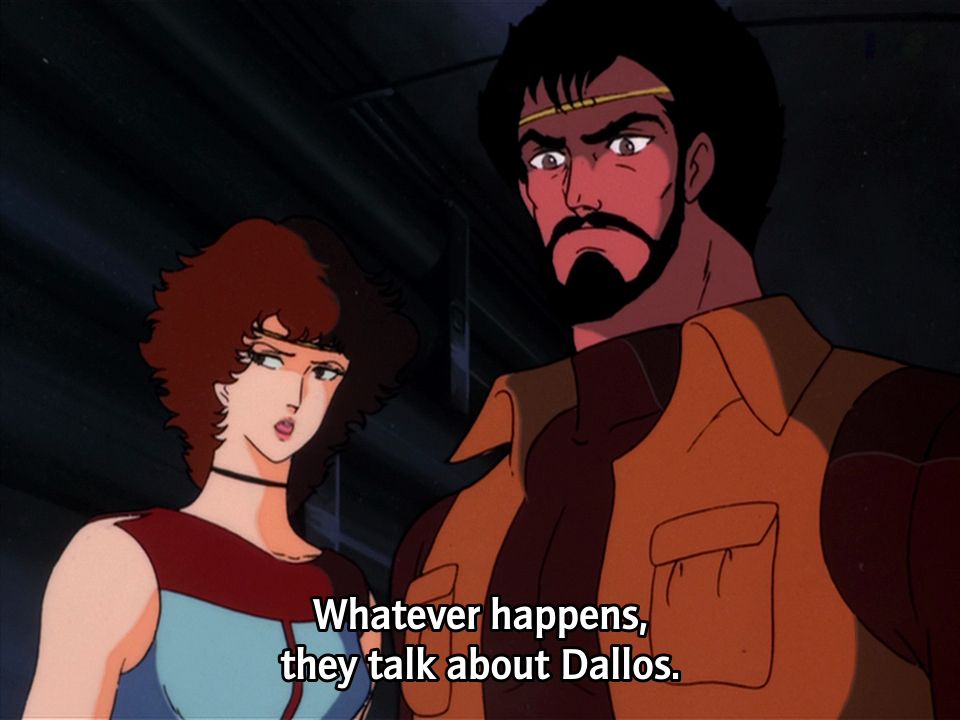 Screenshot of Dallos characters where a woman is saying "Whatever happens, they talk about Dallos."