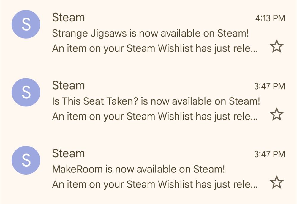 Screenshot showing emails with notifications for 3 games:
Strange Jigsaws, Is This Seat Taken? and MakeRoom