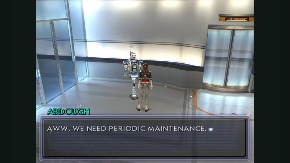 Screenshot of Xenosaga Episode II where Shion talks to a robot named Abdough. Abdough says "AWW, WE NEED PERIODIC MAINTENANCE."