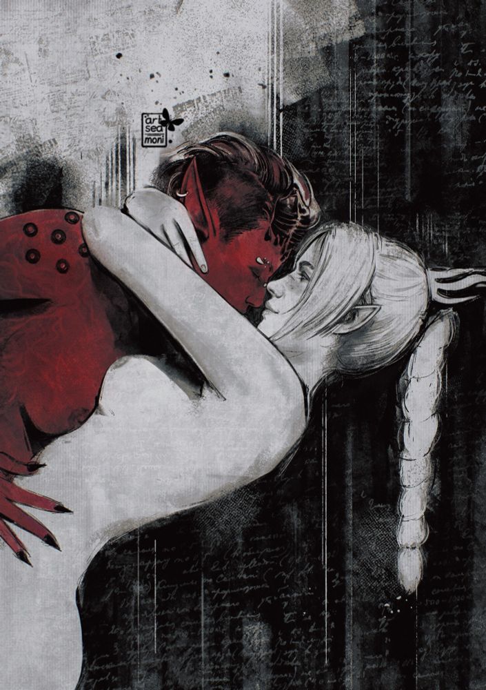 a digital painting of Karlach and Shadowheart embracing naked with their noses touching. It’s black and white with only Karlach being in red color 