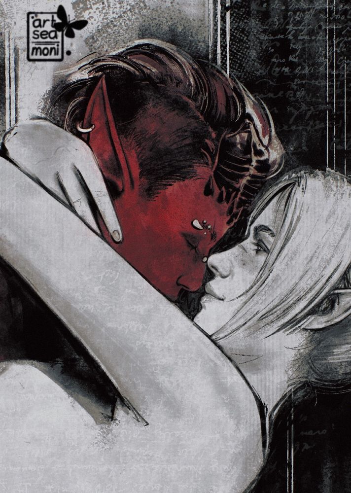 Close-up of Karlach and Shadowheart smooching 