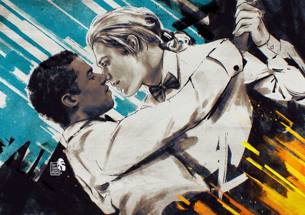 a painting of Louis and Lestat from interview with the vampire tv show dancing together 