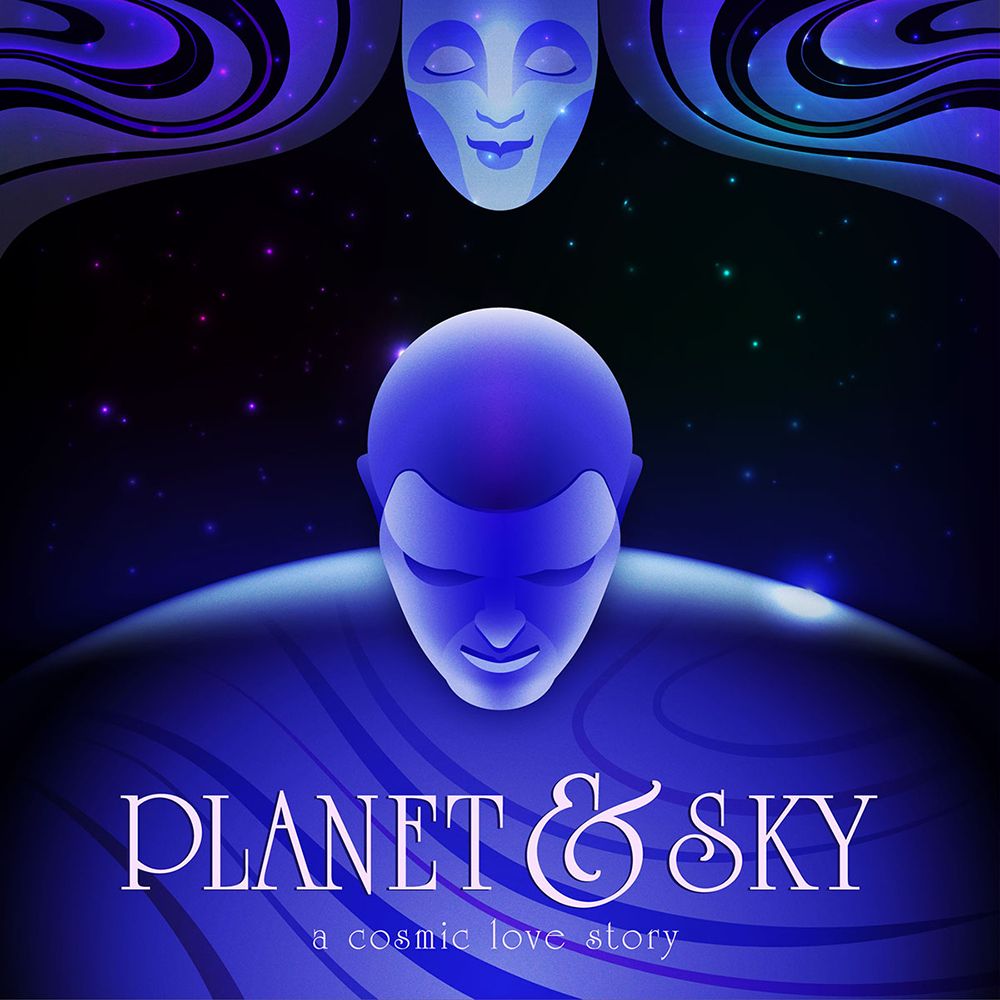 The stylized face of a woman - like a theater mask - surrounded by curving patterns, hangs above the bowed head of a man with a broadly spherical body. Stars shine between them. Across the body of the man are the title words, PLANET & SKY, a cosmic love story.