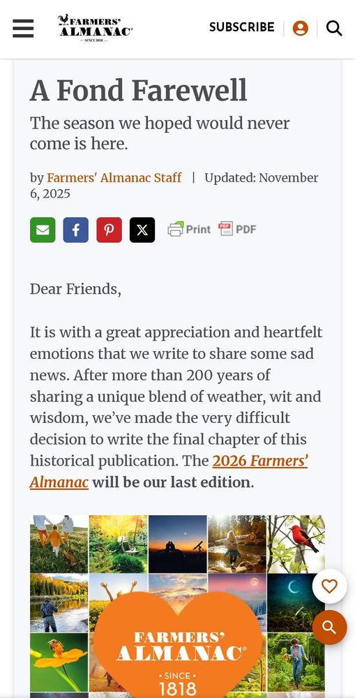 Post from farmers almanac saying they are shutting down after 200 years