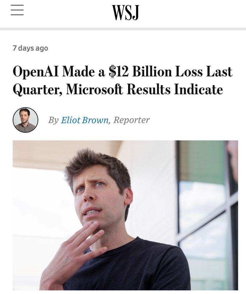 Newspaper story about openAI losing $12 billion with a photo of Sam Altman looking confused