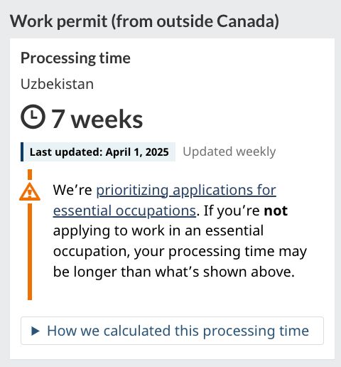 The estimated wait time for Canadian work permits for people from Uzbekistan is 7 weeks