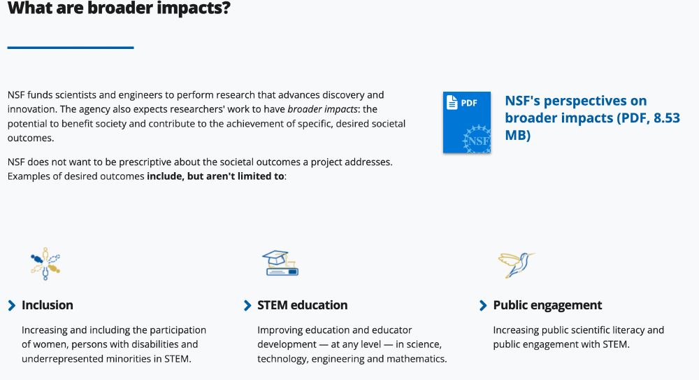 NSF website describing appropriate examples of broader impacts for a grant