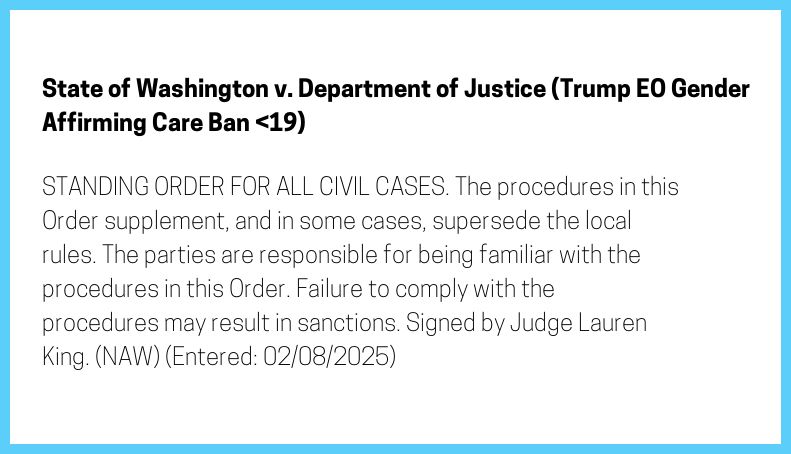 The entry's text: STANDING ORDER FOR ALL CIVIL CASES. The procedures in this Order supplement, and in some cases, supersede the local rules. The parties are responsible for being familiar with the procedures in this Order. Failure to comply with the procedures may result in sanctions. Signed by Judge Lauren King. (NAW) (Entered: 02/08/2025)