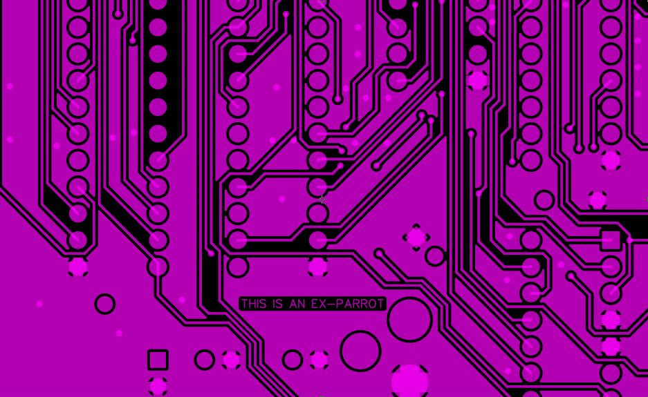 Image created from PCB gerber files showing a hidden message on the copper layer that is a tribute to Monty Python.