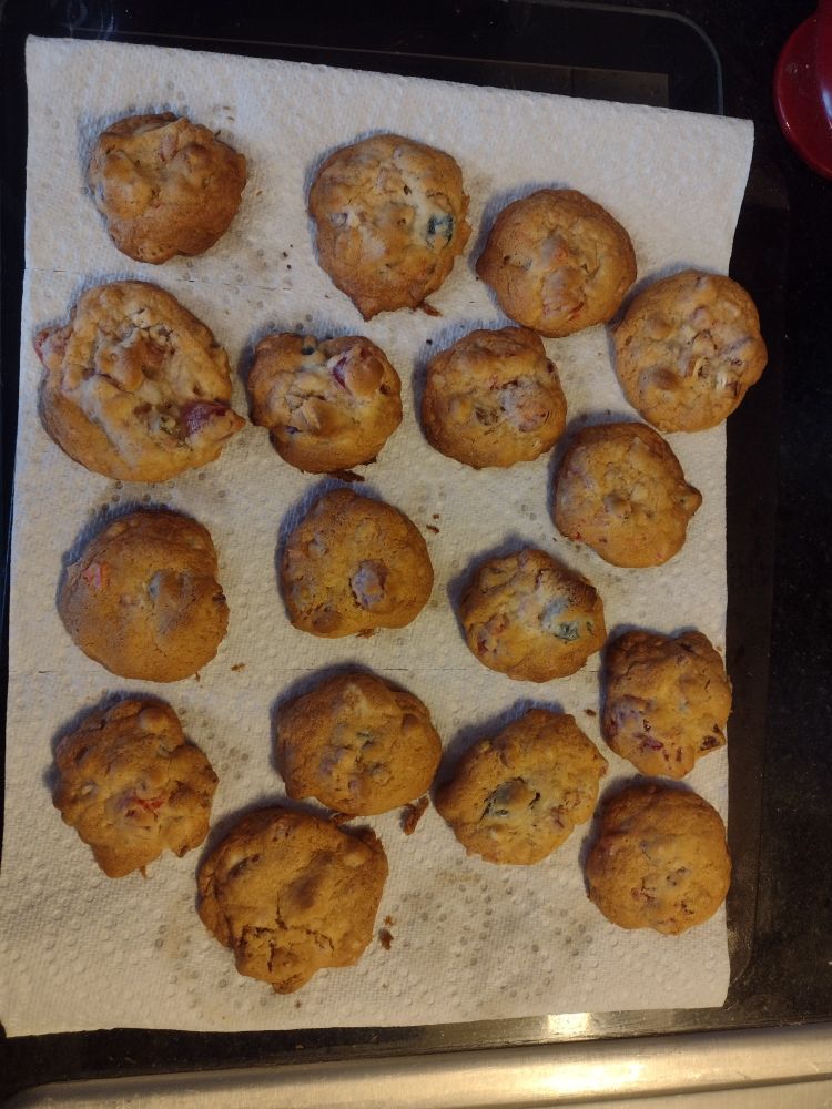 Photo shows yummy plate of homemade fruitcake cookies.