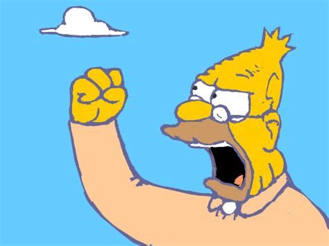 A cartoon version of an old man angrily raises his fist and appears to be yelling at a small cloud in the pure blue sky. This image is taken from the long running TV show “The Simpsons.”
