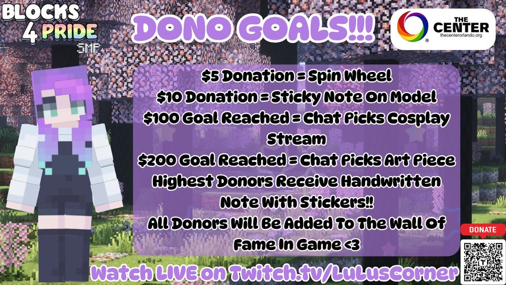 Blocks 4 Pride SMP Dono Goals
$5 Donation = Spin Wheel
$10 Donation = Sticky Note On Model
$100 Goal Reached = Chat Picks Cosplay Stream
$200 Goal Reached = Chat Picks Art Piece
Highest Donors Receive Handwritten Note With Stickers!!
All Donors Will Be Added To The Wall Of Fame In Game <3