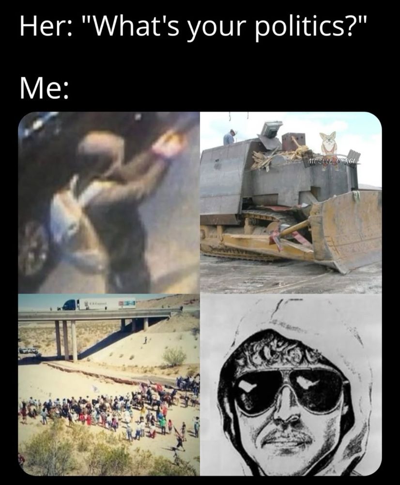 A meme that says 

Her: what are your politics

Me: displays a quadrant of photos - the United Healthcare CEO shooter, killdozer, the Bundy standoff, and the Unabomber