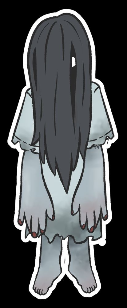 Sadako from the Ring. She has a tattered dress, and pale molted skin, one bright eye peaks out from her hair.